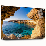 Acrylic print of a large abstract depiction of a European scenery, using vivid blue and green tones.