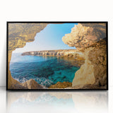 Large abstract wall art depicting a European Cyprus landscape in muted earth tones, framed in black acrylic.