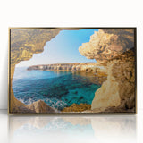 Art deco poster of a European Cyprus landscape in muted gold tones on acrylic, ideal for modern art wall decor.