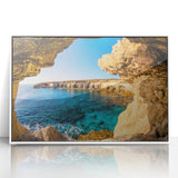 Mid-century modernist art depicting a serene European landscape in Cyprus, framed in white acrylic.