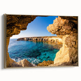 Framed canvas featuring a vintage-style landscape of Cyprus in black and gold tones, ideal for bedroom wall art.