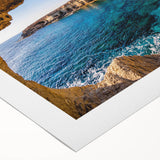 Art deco poster of a European Cyprus scenery in muted earth tones on a rolled canvas, suitable for dining room decor.