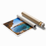 Extra large rolled print of a Cyprus landscape with vibrant green and blue tones, ideal for classy bathroom wall art.