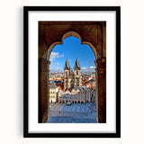 Abstract art print of Prague scenery in colorful, textured strokes on a large framed canvas, suitable for living room decor.