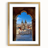 Extra large wall art of abstract Prague cityscape in textured gold hues on a framed canvas, ideal for living room decor.