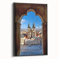 Black and white framed canvas of Prague landscape with vintage poster art style, ideal for bedroom wall decor.