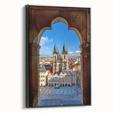 Black and white framed canvas of Prague landscape with vintage poster art style, ideal for bedroom wall decor.