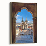 Framed canvas featuring a vintage-style Prague landscape in black and gold tones, ideal for bedroom wall art.