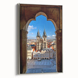 Framed canvas of a vintage-style Prague landscape in muted colors, ideal for living room decor.