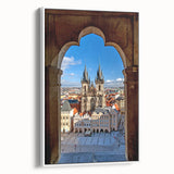 Vintage poster art of Prague with colorful accents on extra large framed canvas, suited for living room decor.