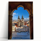 Black and white large art print of Prague scenery on stretched canvas, ideal for kitchen wall art.