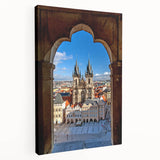 Large art print of Prague skyline in muted earth tones on stretched canvas, suitable for kitchen wall art.