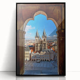 Large abstract wall art of Prague skyline in muted gray and blue tones on framed acrylic.