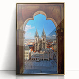 Large art print of Prague scenery in mid-century modernist style, framed in gold acrylic, suitable for modern wall decor.
