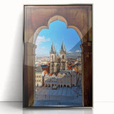 Framed acrylic print of Prague with mid-century modernist style in muted earth tones, ideal for modern art wall decor.
