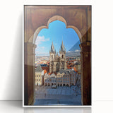 Framed acrylic print of Prague cityscape in art deco style, featuring muted earth tones, ideal for modern art wall decor.