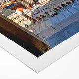 Art deco poster of Prague skyline in muted earth tones on rolled canvas, suitable for dining room wall art.