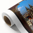 Art deco poster of Prague skyline in muted pastel colors on rolled canvas, ideal for nursery wall art.
