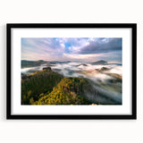 Extra large abstract art print of colorful, textured European scenery on a framed black mat, ideal for living room decor.