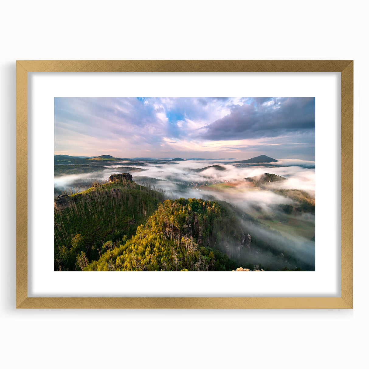Abstract art print of a European cityscape in muted gold and gray tones, framed with a gold mat, ideal for dining room decor.