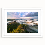 Textured art print of a Czech Republic scenery in abstract style with muted earth tones, framed in white.