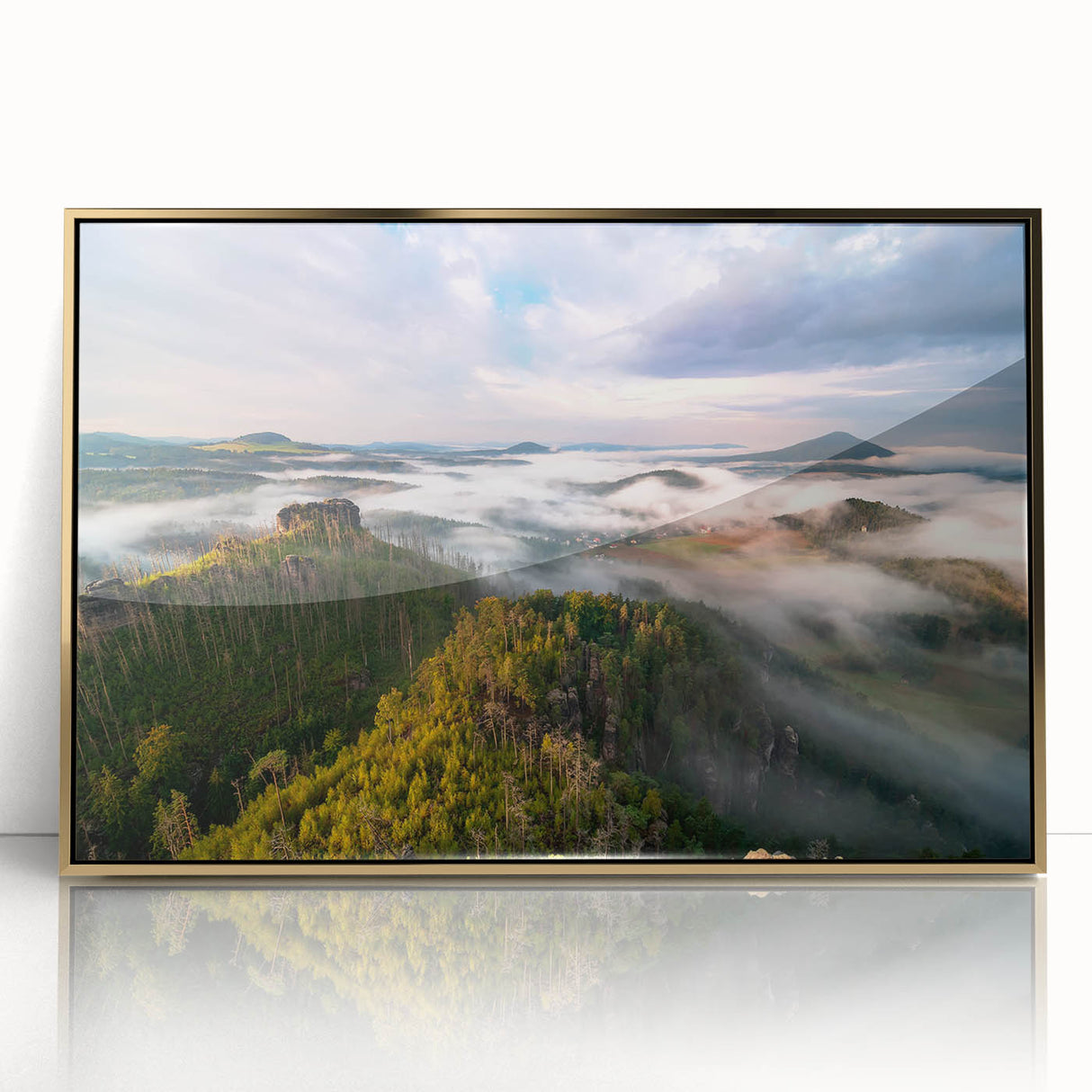 Framed acrylic print of a Czech Republic landscape in art deco style, with muted gold and green tones.