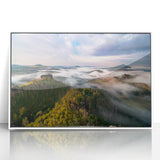 Mid-century modernist art depicting a Czech Republic landscape on a framed acrylic, featuring muted earth tones.