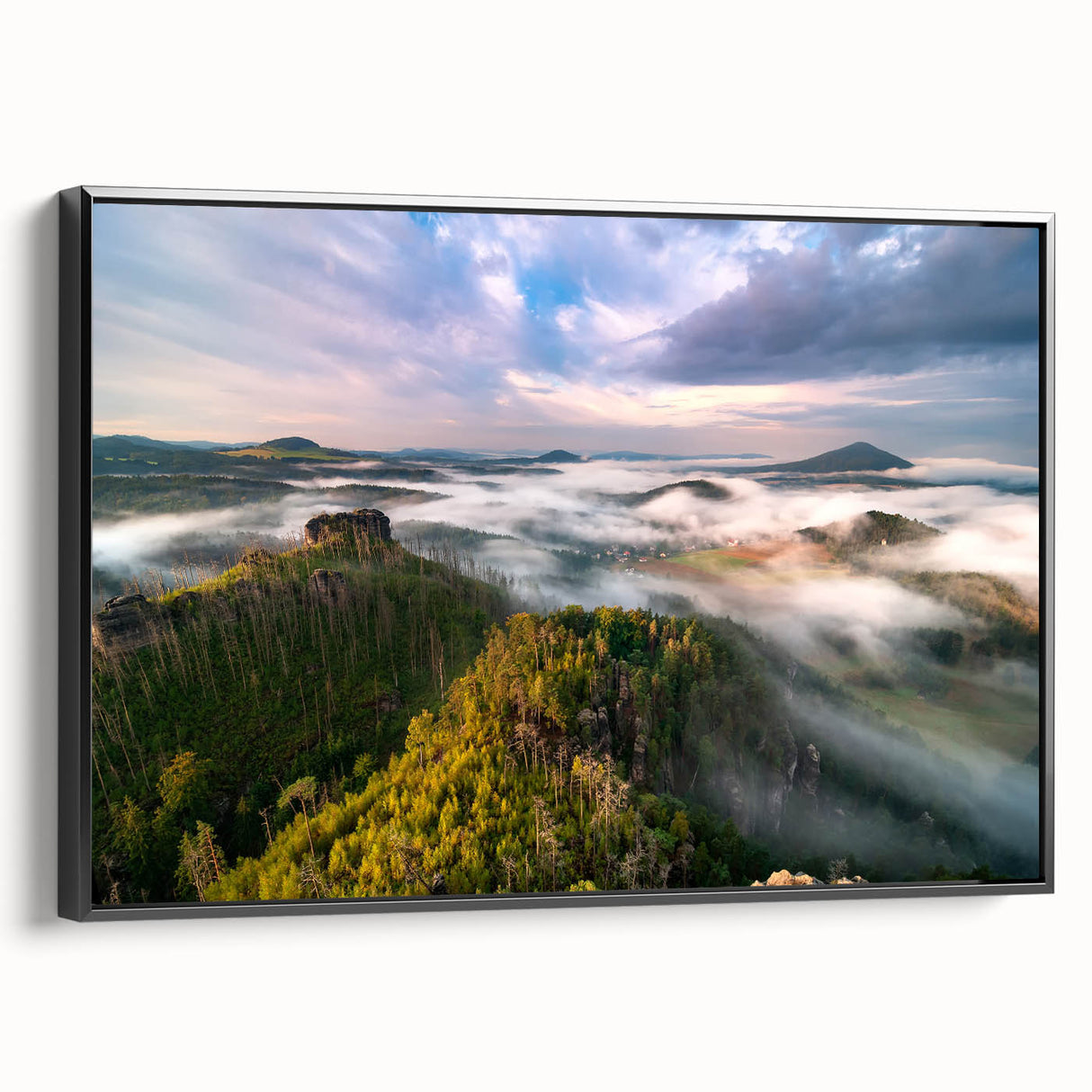 Black and white framed canvas depicting a vintage-style Czech landscape, ideal for bedroom wall art.