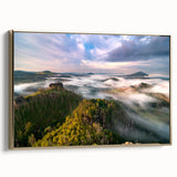 Framed canvas of a vintage-style Czech Republic landscape in black and gold tones, ideal for bedroom decor.