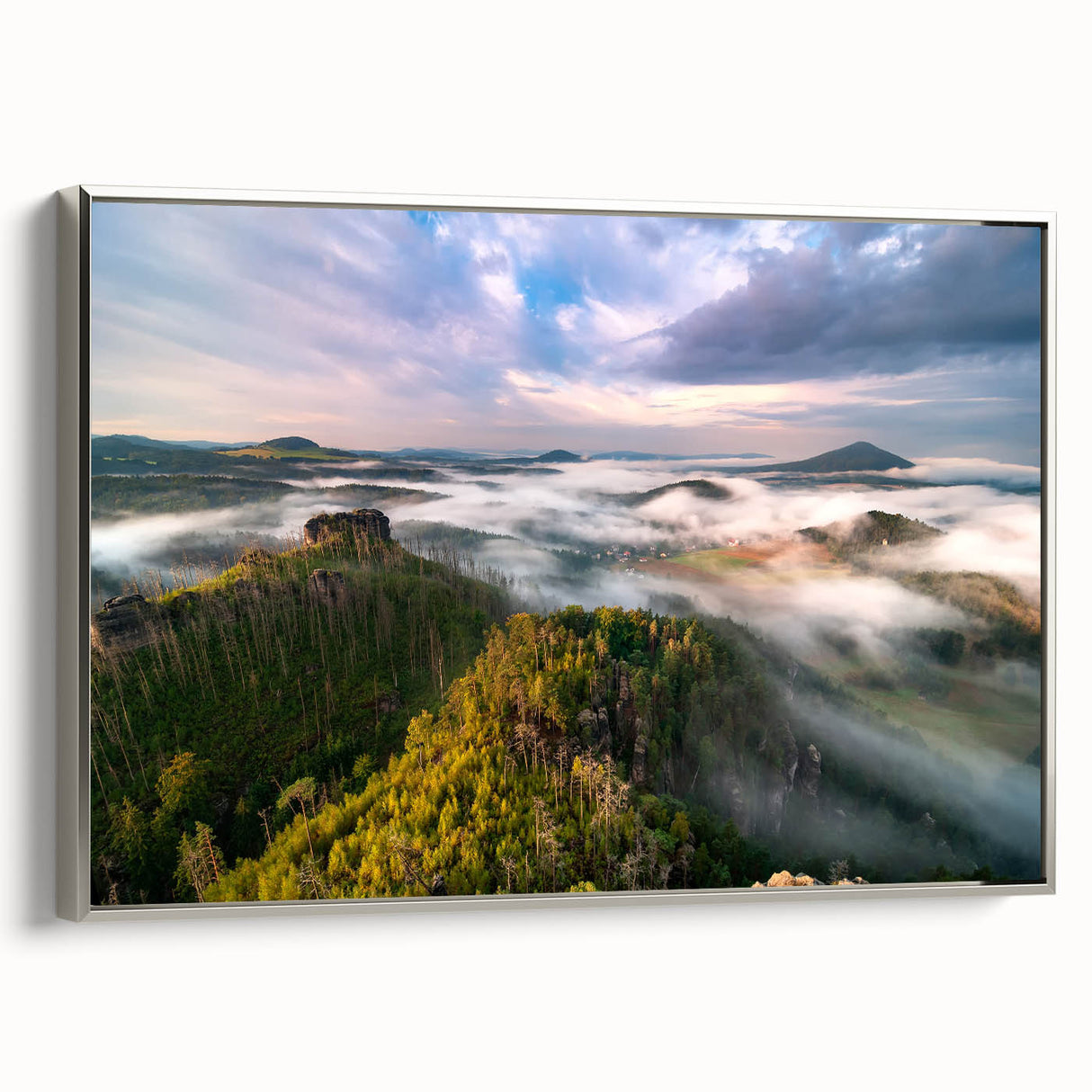Landscape art painting of a Czech Republic scene on a framed canvas, featuring colorful art with vintage poster style.