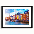 Extra large abstract art print of colorful European scenery on textured canvas, framed in black, ideal for living room decor.