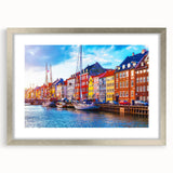 Extra large abstract art print of a European scenery in textured silver frame, ideal for living room decor.