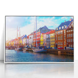 Mid-century modernist art depicting a serene Danish landscape, with muted earth tones on acrylic.