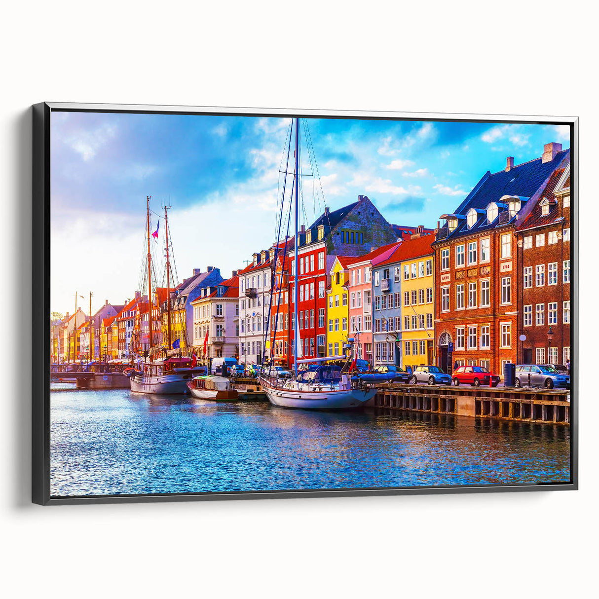 Black and white vintage poster art of a Danish landscape on framed canvas, ideal for bedroom wall decor.