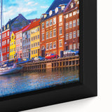 Black wall art of a Danish landscape on textured, framed canvas, featuring vibrant colors, ideal for living room decor.