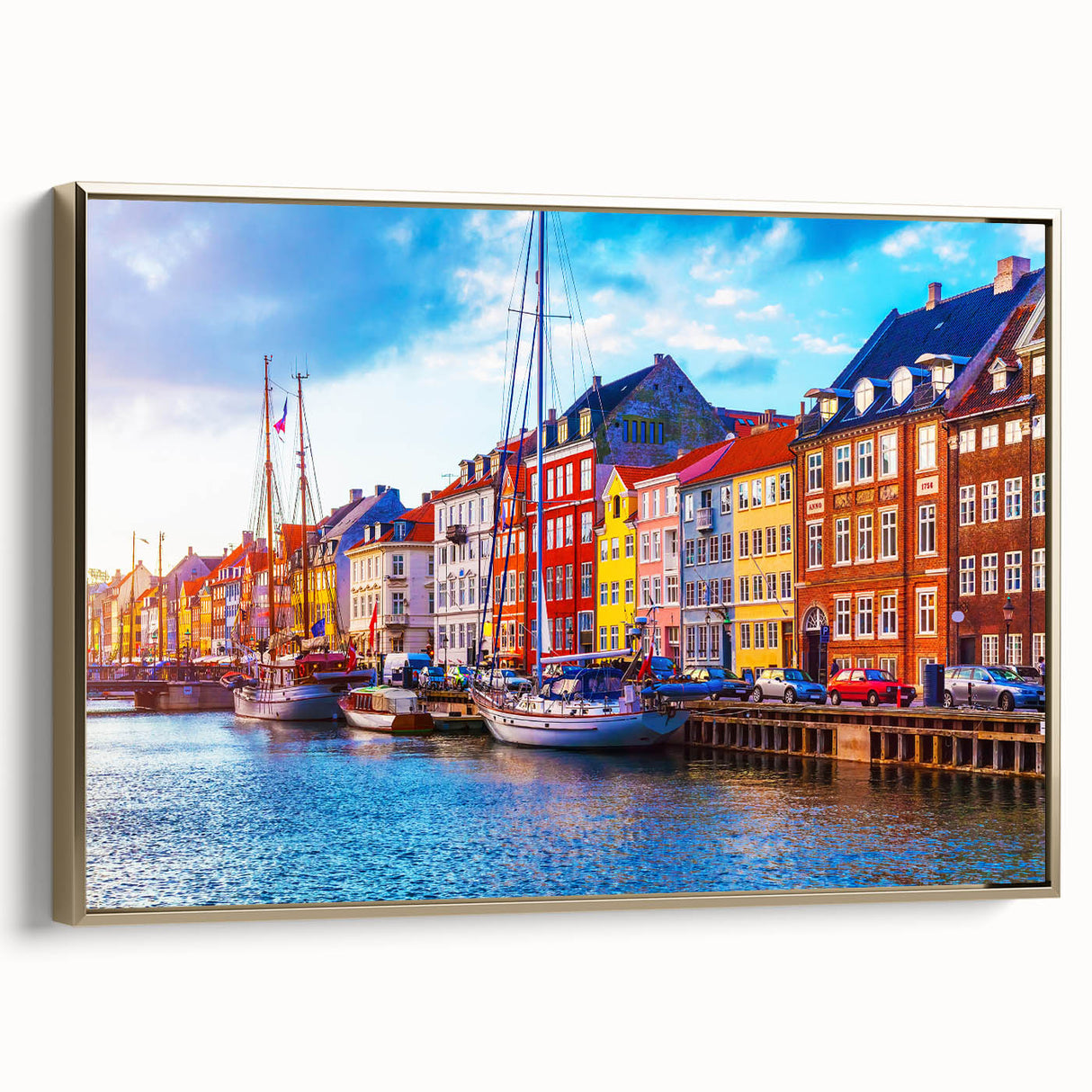 A vintage poster art of a Danish landscape on framed canvas, featuring muted earth tones, ideal for bedroom wall decor.