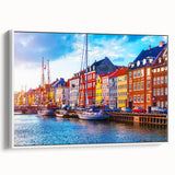 Vintage poster art of a Danish landscape on extra large framed canvas, featuring colorful imagery against a black background.