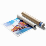 Rolled print of a Danish landscape with soft pastel hues on canvas, suitable for large bathroom or living room walls.