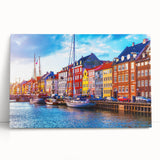 Black and white photograph of a European street scene on large stretched canvas, ideal for kitchen wall art.