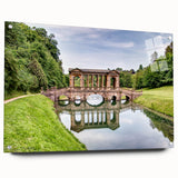 Acrylic print of a European landscape with muted green and blue tones, ideal for dining room decor.