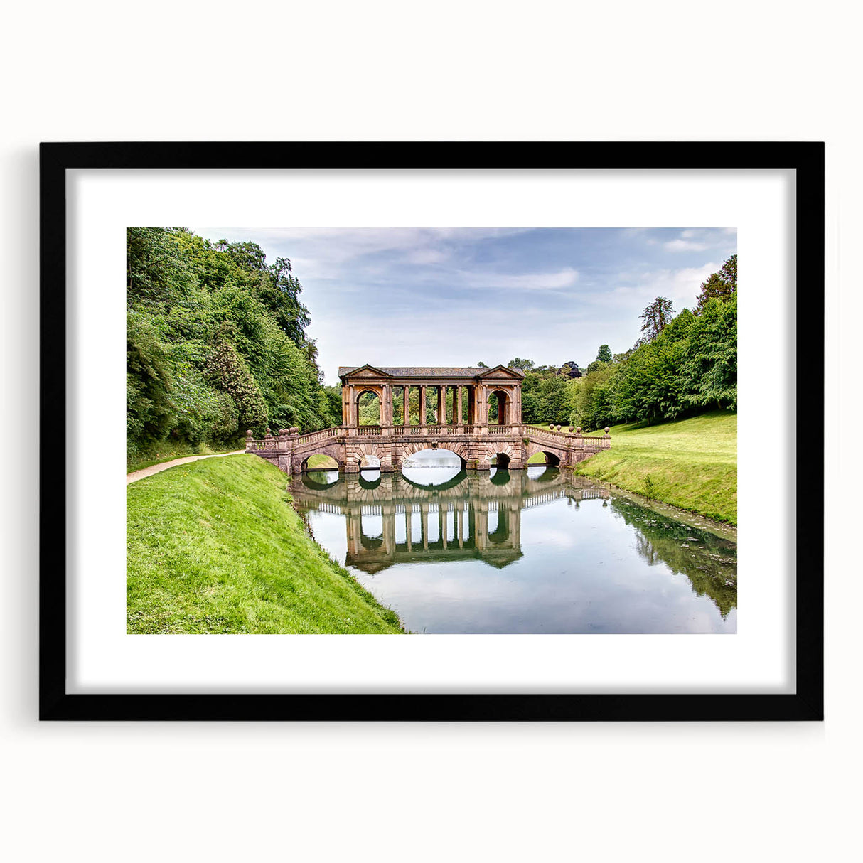 Colorful abstract art print of a European scenery in Bath, England, in a black frame with mat, ideal for living room decor.