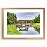 Abstract art print of Bath, England with muted earth tones in a gold frame, ideal for dining room decor.