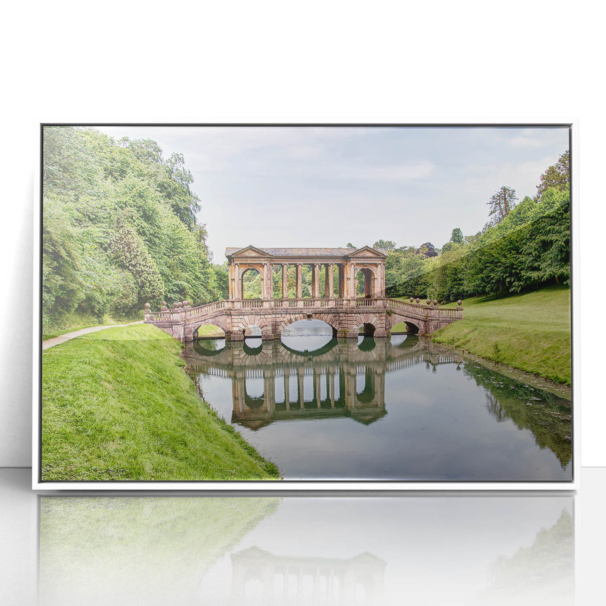 Mid-century modernist art depicting the Bath, England skyline in muted pastel shades on a framed acrylic print.