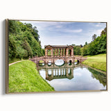 Framed canvas featuring a vintage-style landscape painting of Bath, England, in muted gold and black tones.