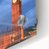 Acrylic print of Big Ben with abstract elements in muted earth tones, suitable for dining room art.