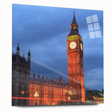 Acrylic print of Big Ben and London skyline in muted gray and blue tones, suitable for bedroom or dining room decor.