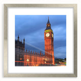 Extra large wall art depicting an abstract rendition of Big Ben in textured grays and blues, framed in silver.