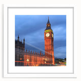 Textured art print of Big Ben in abstract style, using muted earth tones, framed in white, suitable for bedroom art.