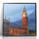 Large abstract wall art depicting Big Ben in muted gray tones on a framed acrylic, suitable for modern living room decor.