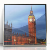 Acrylic print of Big Ben with muted silver and gray tones in a mid-century modernist style.